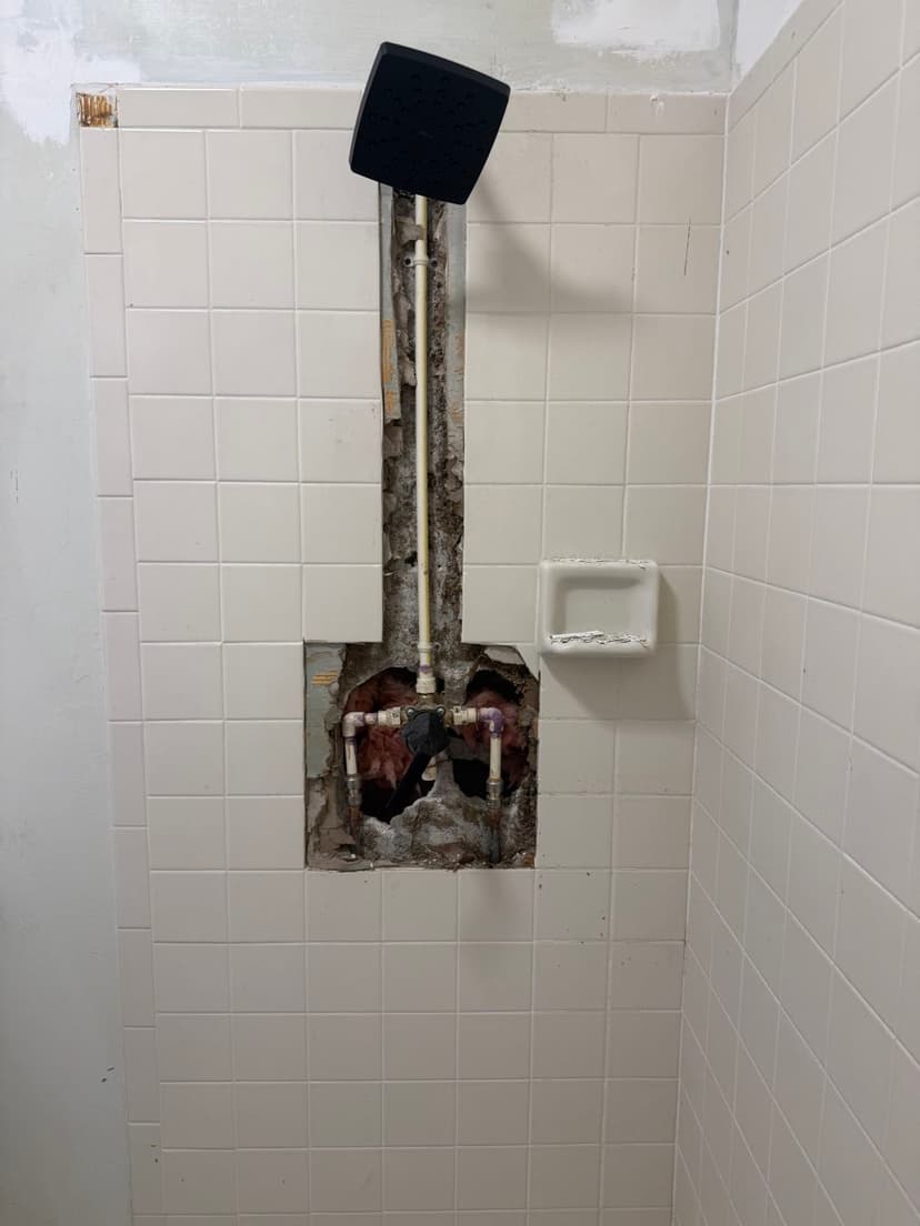 Wall opened to replace the old shower valves.
