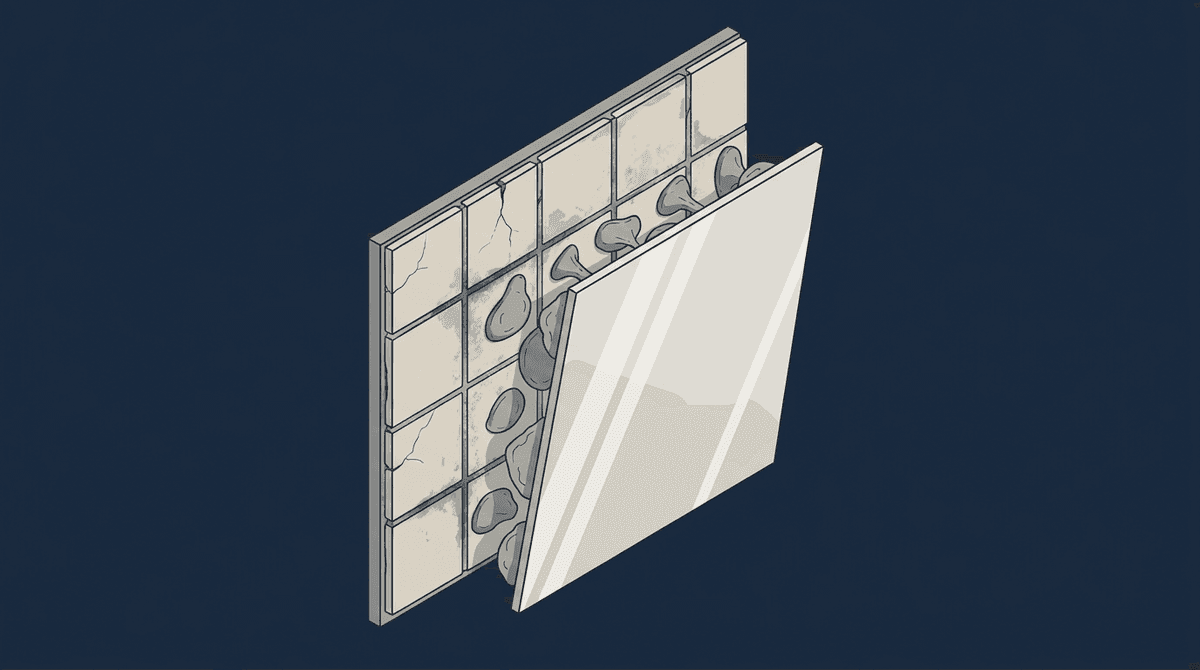 Illustration of an acrylic panel glued over an old cracked tile wall