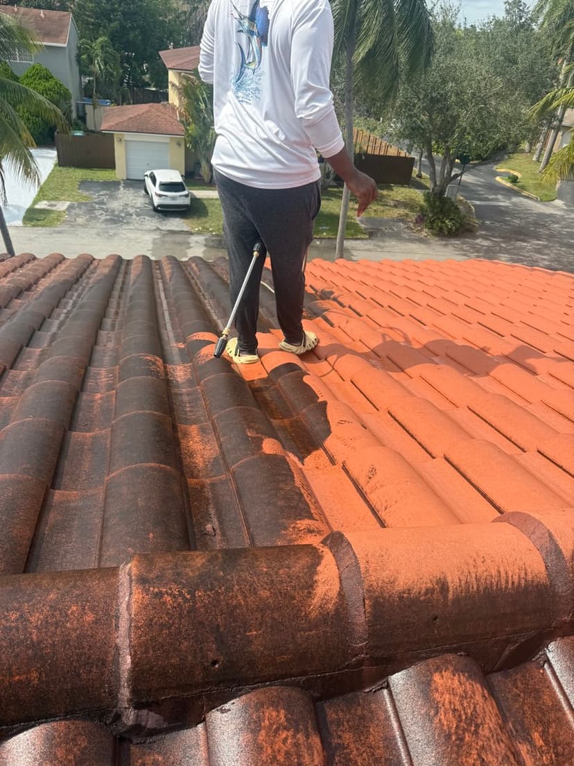 Pressure cleaning the roof tiles.