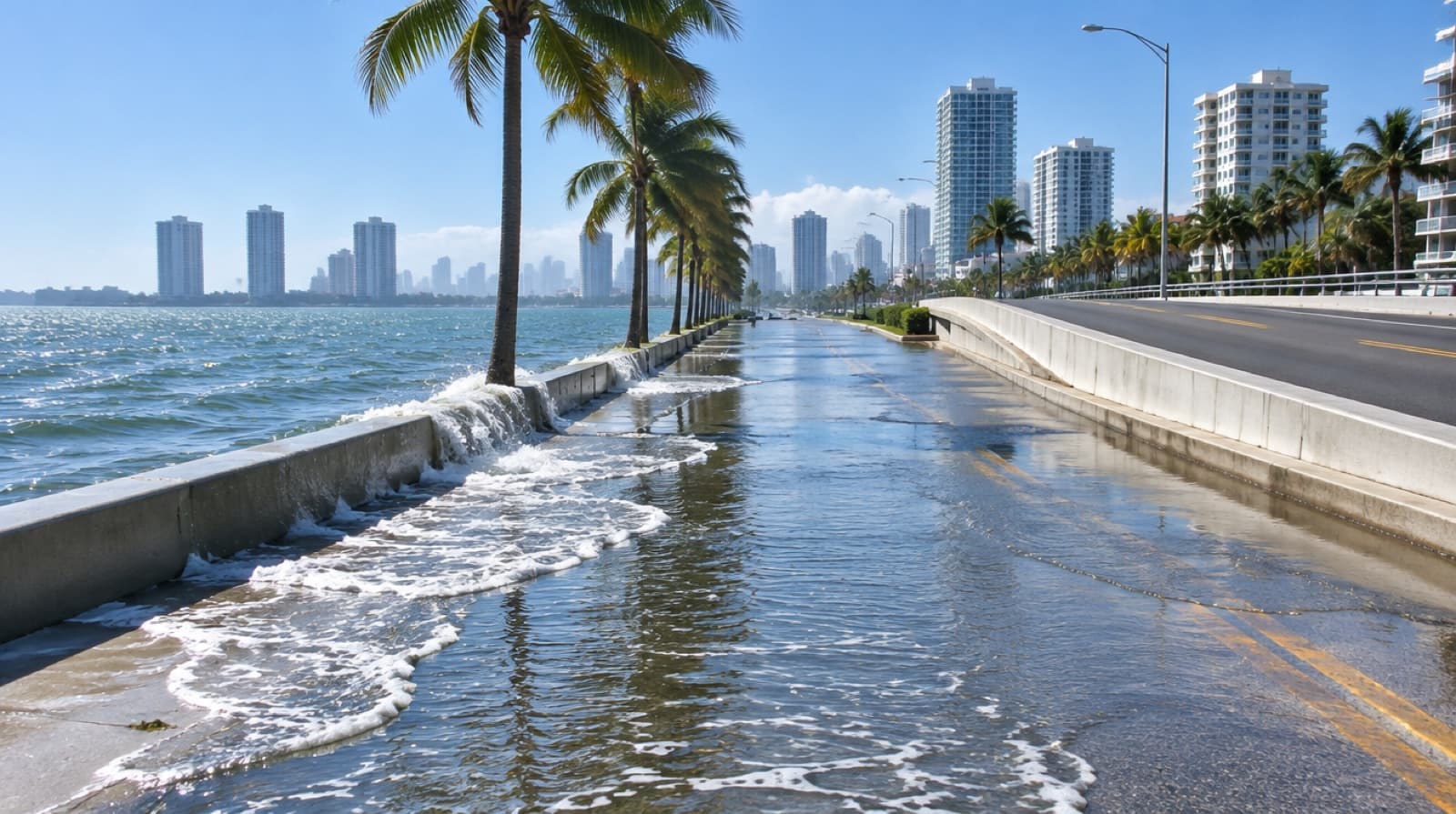 Ilustración de inundación por marea en un día soleado pasando por encima de un muro hacia una calle frente a la bahía en el sur de Florida