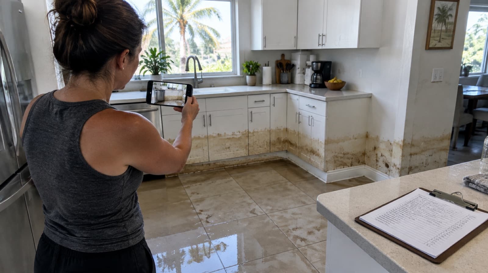 Illustration of a homeowner photographing a flooded kitchen and writing an inventory for a Florida flood insurance claim