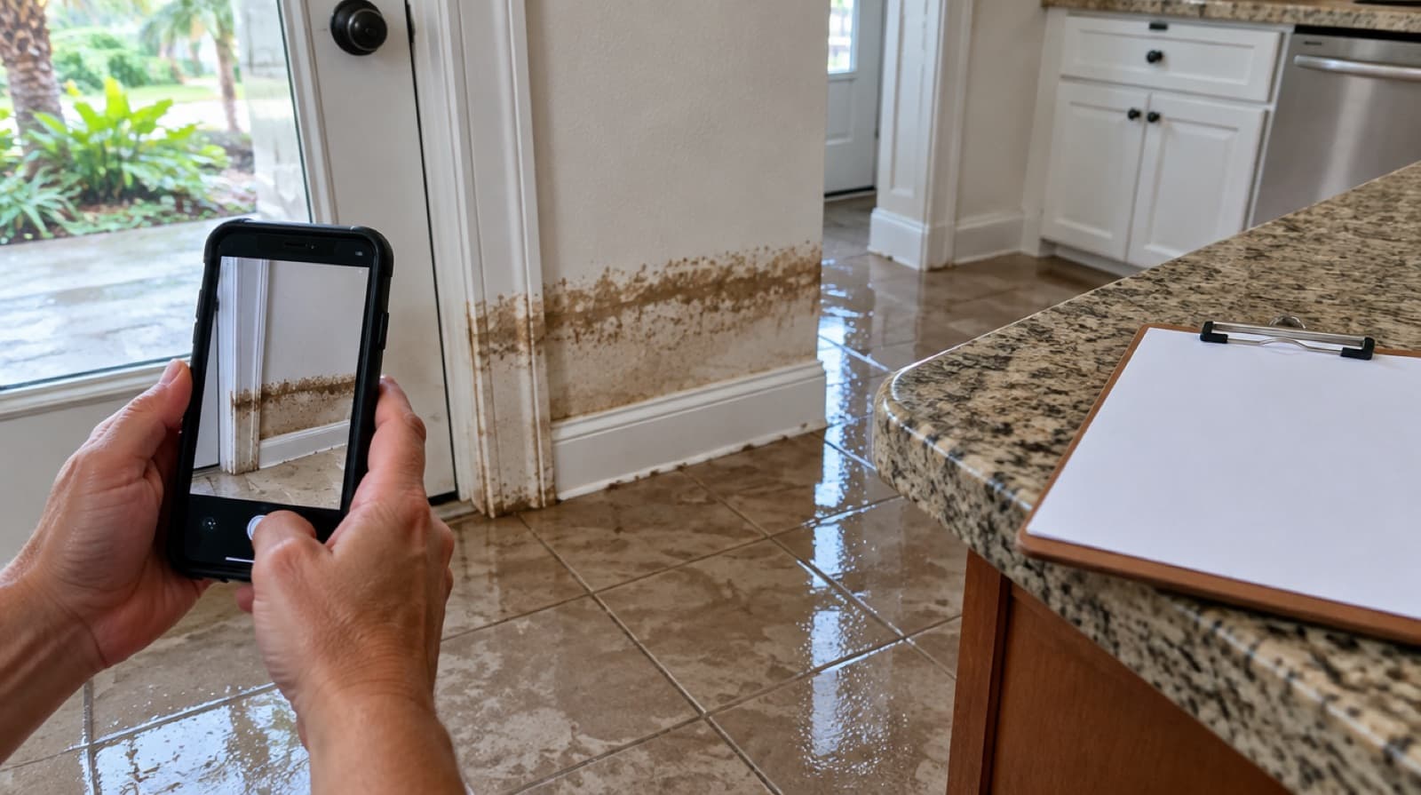 Illustration of a homeowner photographing the flood water line on a wall for a king tide insurance claim in Florida