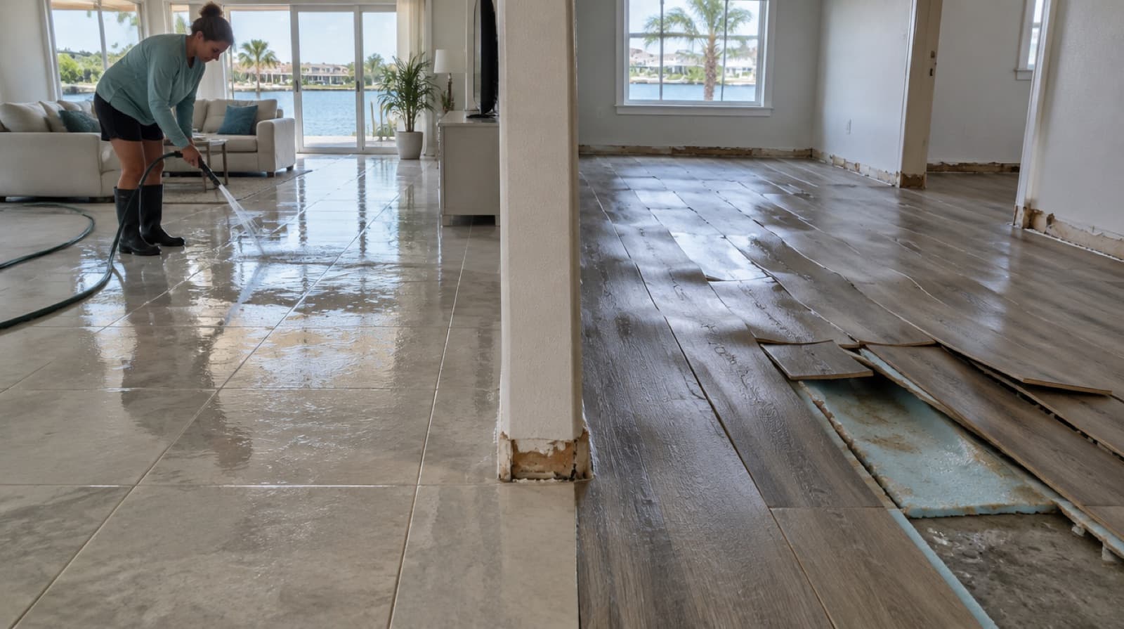 Ilustración de un piso de porcelanato inundado junto a tablas de laminado hinchadas que se están levantando en una casa del sur de Florida