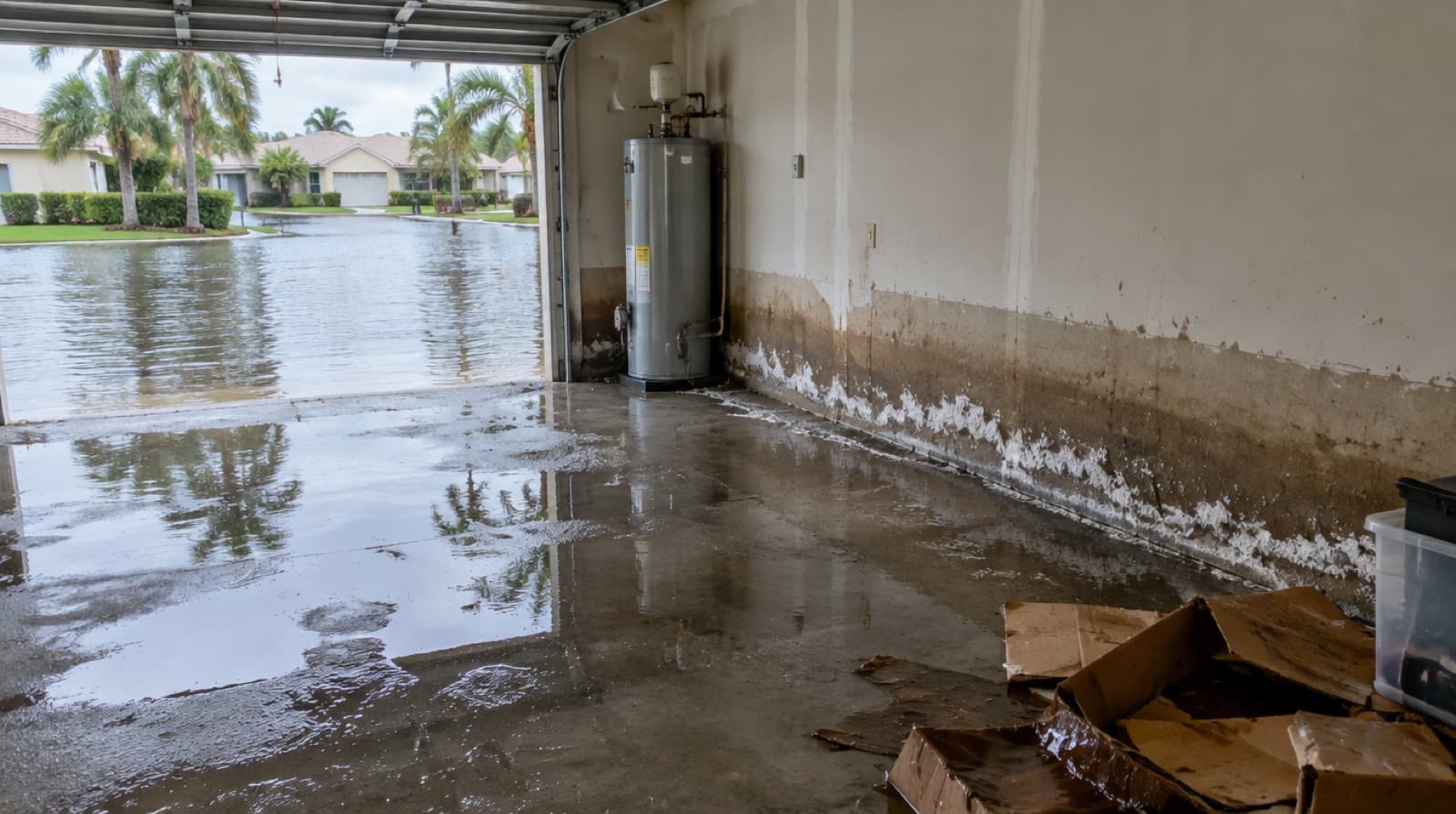 Illustration of a South Florida garage after king tide saltwater flooding with wet boxes and a salt line on the slab