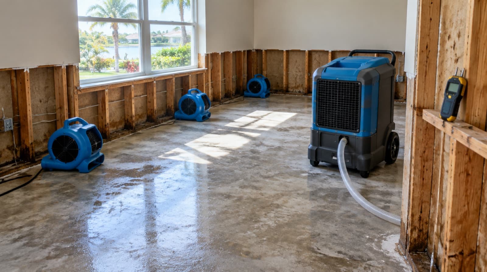 Ilustración de ventiladores, un deshumidificador y un medidor de humedad secando un cuarto inundado en una casa de Florida