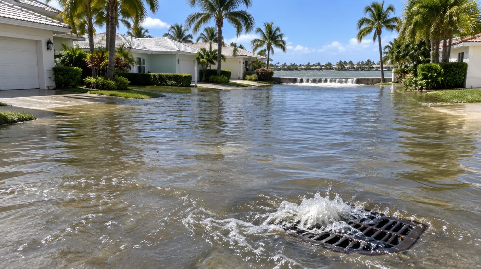 Illustration of a South Florida street flooded by a king tide, with water coming up through a storm drain
