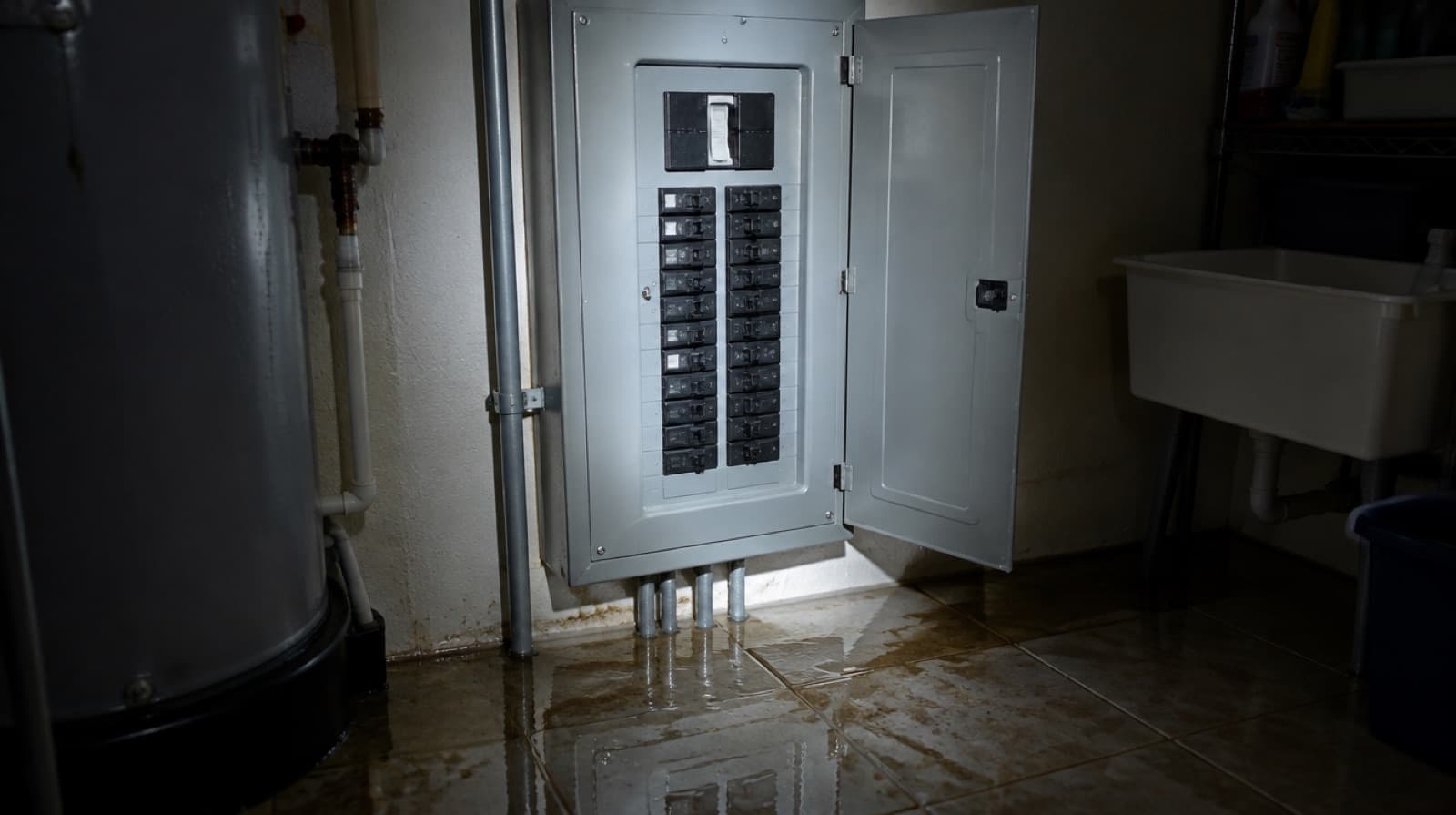 Ilustración de un panel eléctrico apagado sobre un piso mojado después de una inundación en Florida