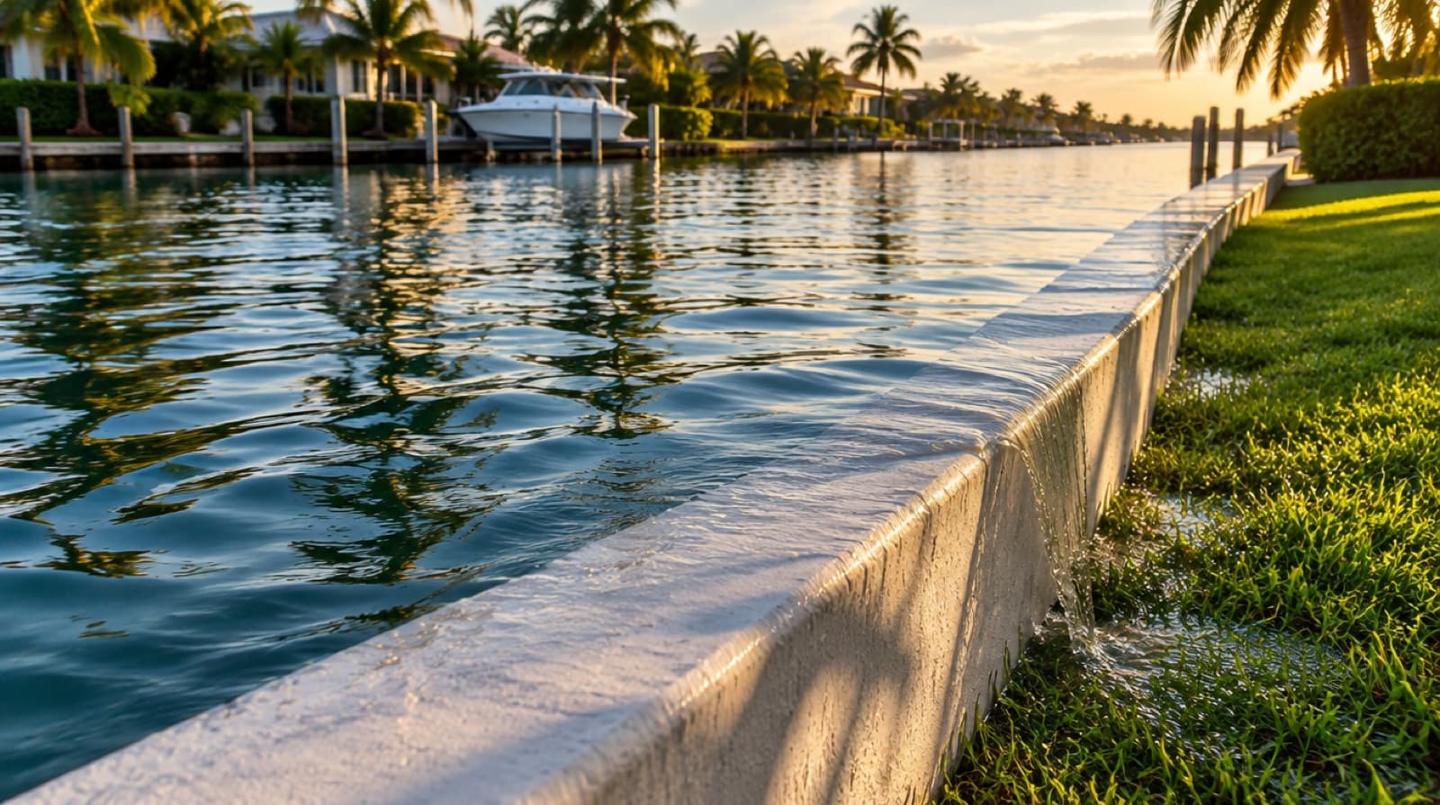 Ilustración de un muro de contención en un canal del sur de Florida con la marea rey al nivel del borde