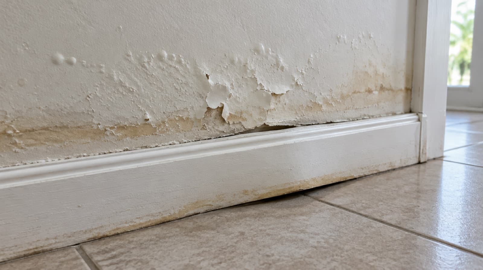 Ilustración de drywall dañado por agua con pintura con burbujas y zócalo hinchado después de una inundación en el sur de Florida