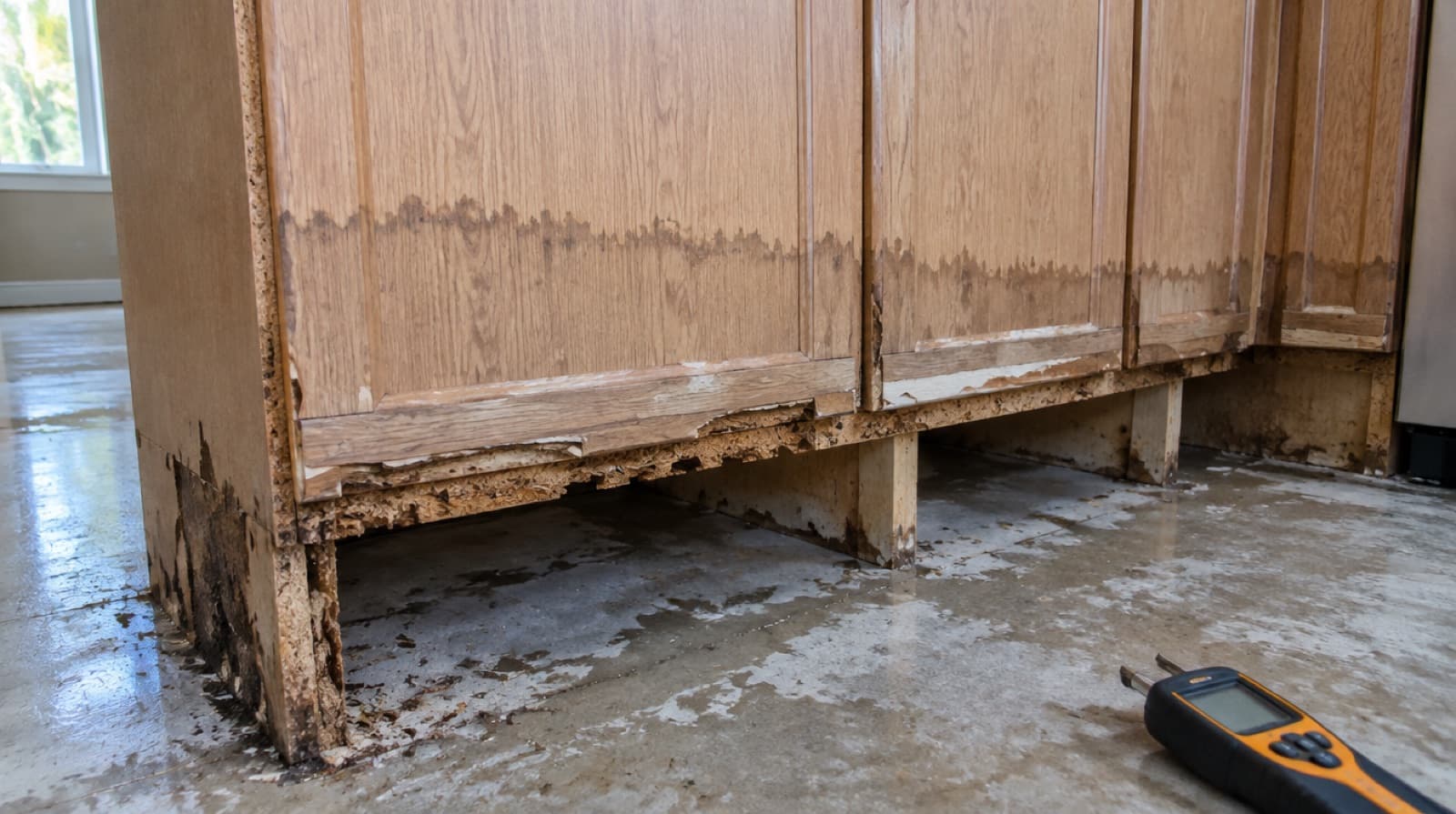Illustration of swollen particle board kitchen base cabinets with the toe kick removed after flooding in a Florida home
