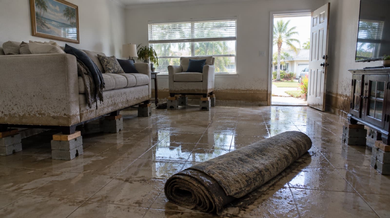 Illustration of a South Florida living room after king tide flooding with a water line on the drywall