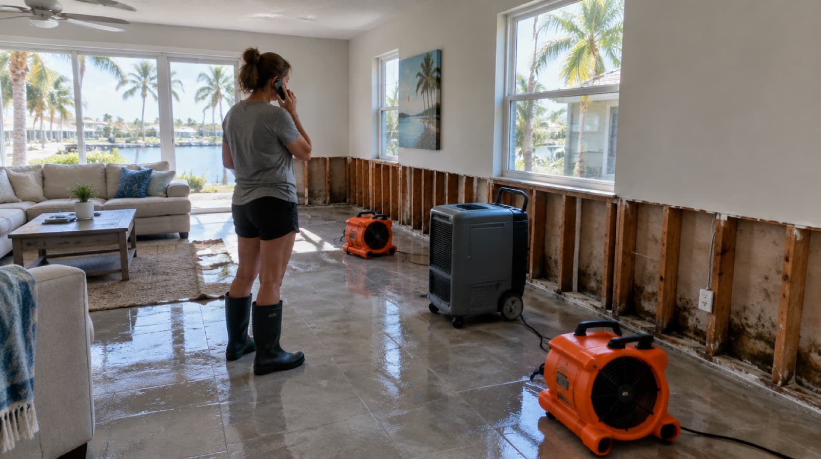 Ilustración de un propietario hablando por teléfono en una sala inundada del sur de Florida con ventiladores secando el piso